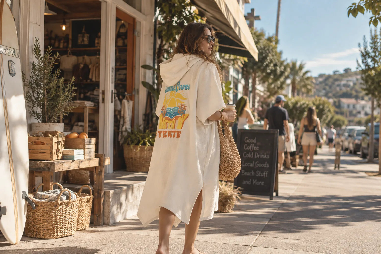 Cuttle Hood worn on a coastal café stroll